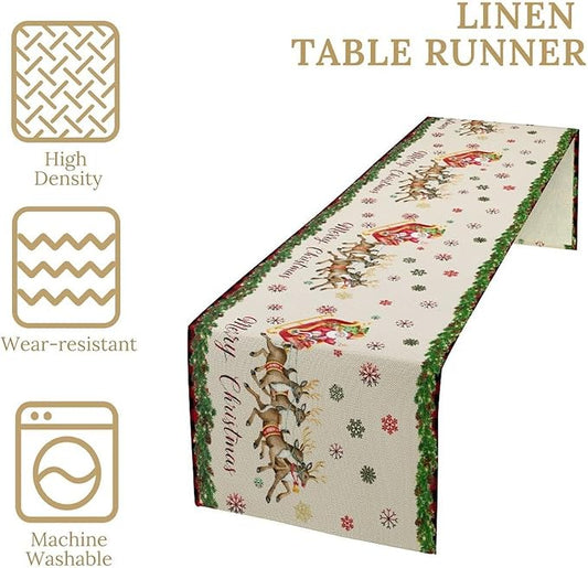 Christmas Table Runner,Xmas Deer Cute Santa Claus Red Plaid Pattern Printed Tablecloth Burlap for Hotel Indoors Outdoor Dining Room Kitchen Home Decor,W13X L90 in