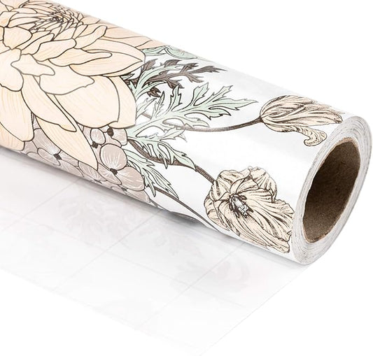 WRAPAHOLIC 30 Inch Jumbo Floral Wrapping Paper - 30 Inch X 33 Feet - Vintage Floral Printed on White Pearlized Paper Design for Wedding, Birthday, Mother's Day