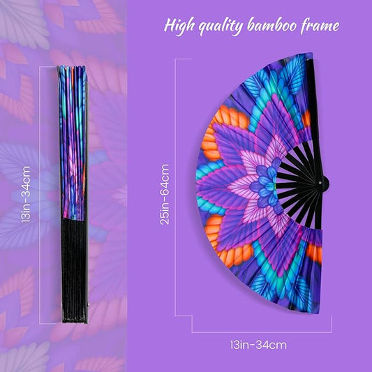SYNTECSO Folding Hand Fan for Rave, UV Glow Fan, Large Bamboo Fan for Drag Queen, Women and Men Gift,Chinese Japanese Clack Fan for Parties, Music Festivals, EDM and Decoration