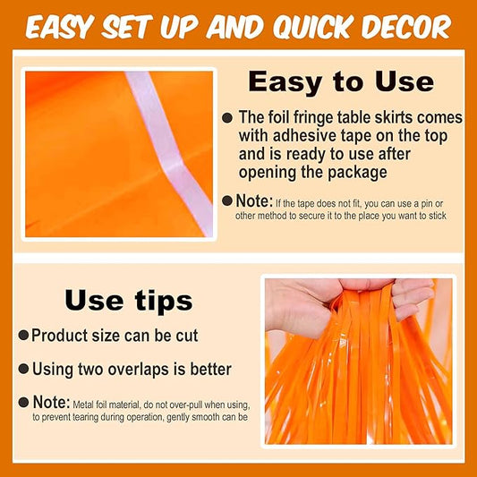 3 Pack 29 x108 Inch Macaron Orange Foil Fringe Table Skirts Metallic Banner for Tinsel Streamer Garland Backdrop for Parade Floats Mother's Day, Graduate, Birthday, Wedding Party Decoration