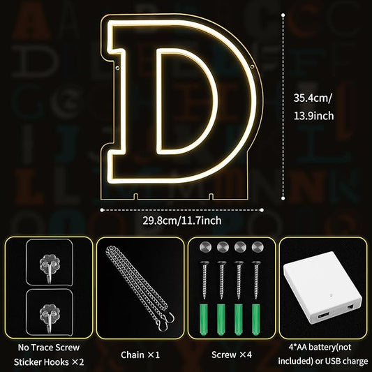 Light Up Letters D, Led Marquee Letter Lights Neon Sign, 13.9" Height Decorative Lighted Alphabet Number, Battery/USB Powered Led Letters Lights for Wedding, Birthday, Party, Christmas or Home Decor