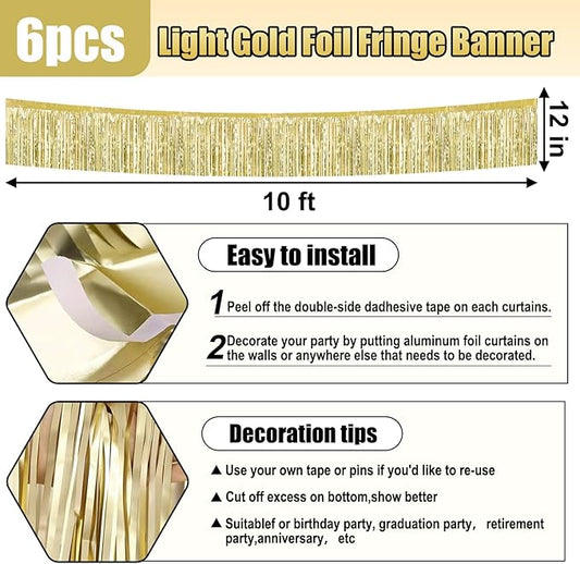 6 Pack 10 Feet Light Gold Foil Fringe Garland Metallic Tinsel Streamers Banner Wall Hanging Curtain Backdrop for Parade Floats, Birthday, Graduate, Mother's Day, Wedding Party Decoration
