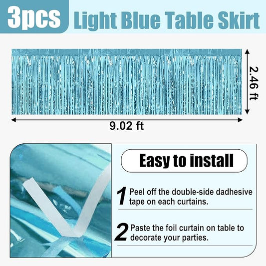 3 Pack 29x108 Inch Light Blue Foil Fringe Table Skirts Metallic Banner for Tinsel Streamer Garland Backdrop for Parade Floats Wedding Thanksgiving Birthday Christmas Halloween Party Decoration
