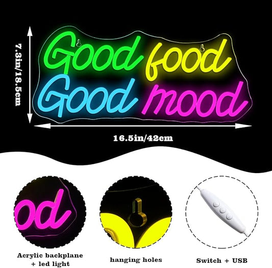 Looklight Good Food Good Mood Neon Sign,Letter Neon Signs for Wall Decor,Colorful Dimmable Neon Lights,USB Led Neon Signs for Kitchen Fast Food Shop Cafe Restaurant Store