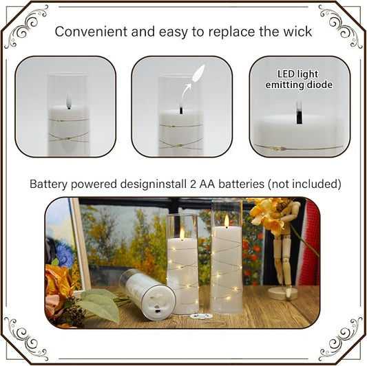 Flickering Flameless LED Candles, 9 Pcs with Embedded Star String, Acrylic LED Pillar Candles with Remote, Suitable for Home Decoration (White)