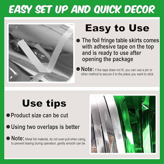 3 Pack 29 x108 Inch Silver Green Foil Fringe Table Skirts Metallic Banner for Tinsel Streamer Garland Backdrop for Parade Floats Mother's Day, Graduate, Birthday, Wedding Party Decoration