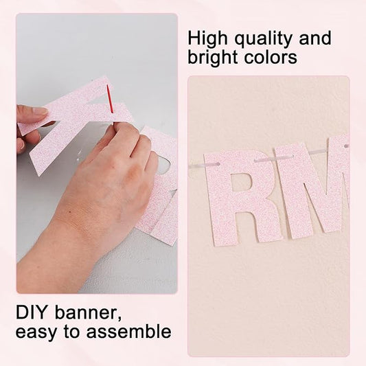 BEISHIDA 116 PCS Glitter Color Pink DIY Letter Banner Kit Make Your Own Banner,Including 111 Letters and Numbers 3 Rope and 4 Threading Device,Customized for Birthday Graduation Wedding Party Decor