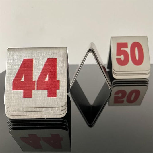 10 Pcs Metal Place Cards Stackable Tent Style Table Numbers,Place Card Holders for Celebration Wedding Party Restaurants Cafes Bars Gatherings meeting Room Board Game Serial (Small 41-50, Red)