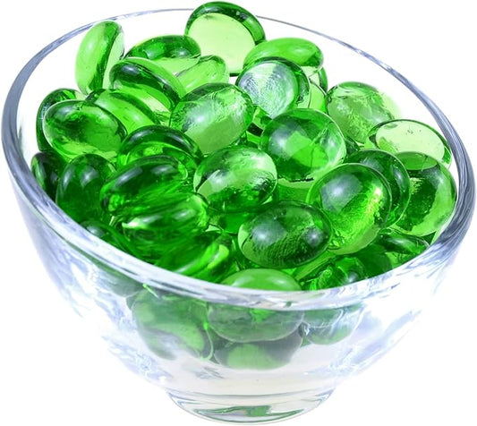 KINGOU Flat Glass Gems/Marbles/Stones/Beads for Vase Filler, Table Scatter, Games - 1 Lbs (17-19mm, Approx. 3/4")-Green Luster
