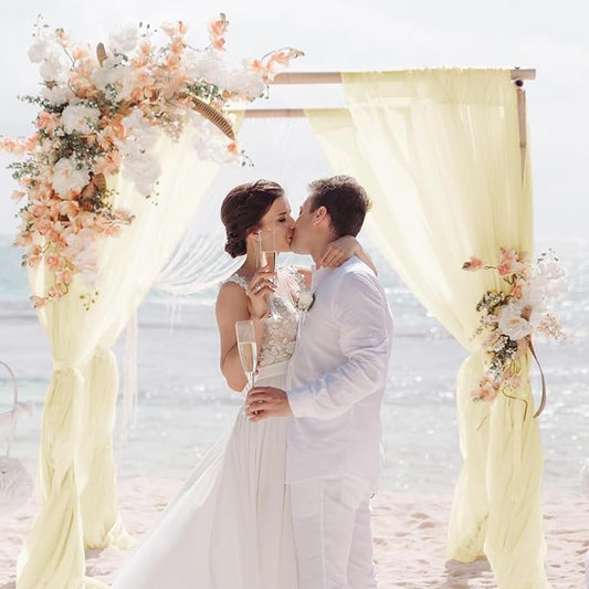 VOK Wedding Arch Draping Fabric Chiffon Fabric, 29in x 18Ft 2 Panels Sheer Chiffon Outdoor Curtain for Wedding Ceremony Birthday Party Decoration (Light Yellow,2 Panel)