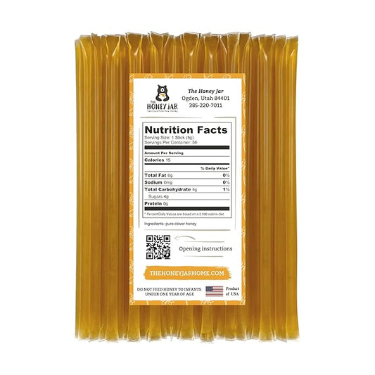 The Honey Jar Plain Honey Sticks - Pure Honey Straws For Tea, Coffee, or a Healthy Treat - One Teaspoon of Flavored Honey Per Stick - Made In The USA with Real Honey - (50 Count)
