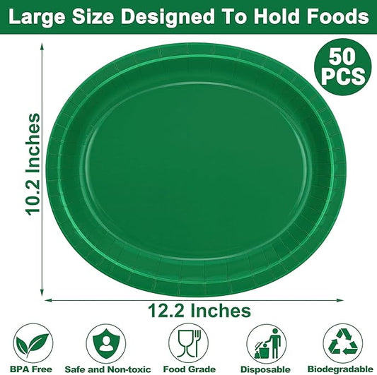 QZYL 50 Count Paper Plates, 12.2'' X 10.2'' Large Green Oval Plates, Daily Dinner Plates Disposable Paper Tray Bulk Party Supplies for Outdoor Picnic Birthday Party Barbecue Holiday