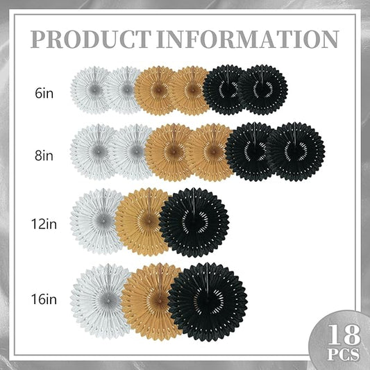 18 Pcs Black Gary Gold Hanging Paper Fan, Hanging Honeycomb Round Paper Fans for Weddings, Birthdays, Christmas, Baby Showers, Classroom, Events Ceiling Party Supplies Decorations