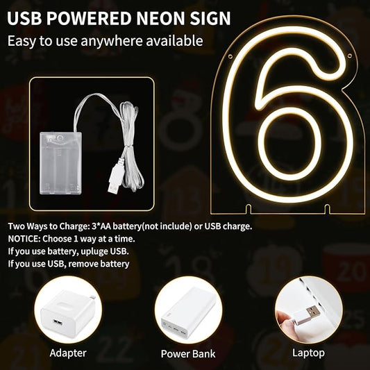 Number 6 LED Neon Sign Backdrop Birthday Party Decoration, 11.3" 11.3" Height Warm White Marquee Six Numbers Light Up Sign for Wedding Anniversary Window Wall Table, Indoor Battery Operated or USB