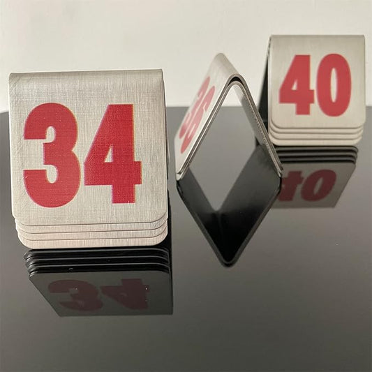 10 Pcs Metal Place Cards Stackable Tent Style Table Numbers,Place Card Holders for Celebration Wedding Party Restaurants Cafes Bars Gatherings meeting Room Board Game Serial (Small 31-40, Red)