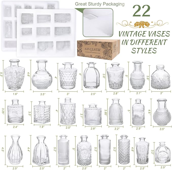 Glass Bud Vase Set of 22, Small Vases for Flowers, Clear Centerpieces, Mini in Bulk Rustic Wedding Decorations, Vintage Look Home Table Flower Decor