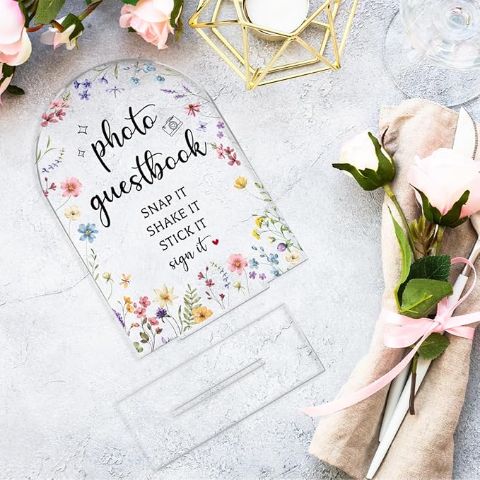 Wedding Sign Decor, Photo Guest Book Sign, 5x7 Inch Arch Acrylic, Wedding Sign for Reception & Event Party, Bridal Shower Decorations, Wedding Table Sign Accessories for Anniversary And Event(Flower)