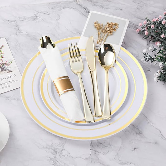 BESTVIP 100 Pack Pre Rolled Gold Plastic Silverware Set, Disposable Wrapped Cutlery Set with 100 Napkins, 100 Knives, 100 Forks and 100 Spoons for Party, Birthday