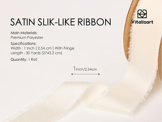 Vitalizart Silk Like Satin Ribbon 1 inch x 30 Yard Ivory White Handmade Frayed Ribbons for Gift Wrapping Baby Shower Wedding Bridal Bouquets Holiday Decor