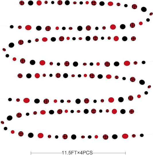 46Ft Buffalo Plaid Polka Dot Garlands Black Red Checkered Paper Circle Dot Streamer Banner for Baby Shower Bridal Shower Birthday Bachelorette Christmas Holiday Halloween Party Decorations Supplies