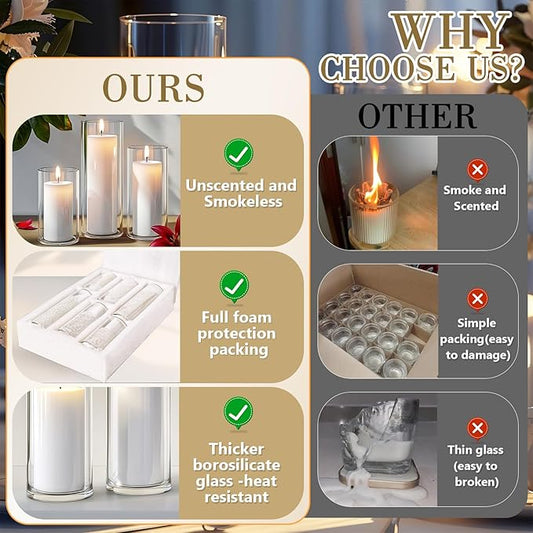 36 PCS White Pillar Candles with Glass Candle Holders Clear Hurricane Candle Holders Glass Cylinder Vases for Centerpieces Wedding Party, Event, Home Office (18 Candles+18 Candle Hoders)