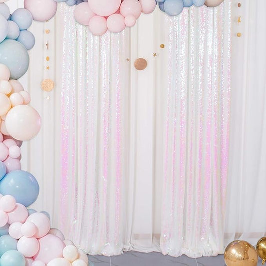 ShinyBeauty 8 Panels Iridescent White Sequin Backdrop | 2Ft x 8Ft Sparkly Photo Booth Background | Glitter Curtains for Baby Showers & Events | Durable & Elegant Shimmer Backdrop