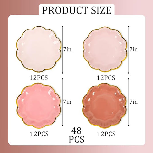 Dusty Pink Gradient Color Dessert Paper Plates, 7 inch Gold Foil Scalloped Edge, Disposable Cake Plates for Tea Party, Birthday, Baby Shower, Wedding Party Supplies (48, Dusty Pink)