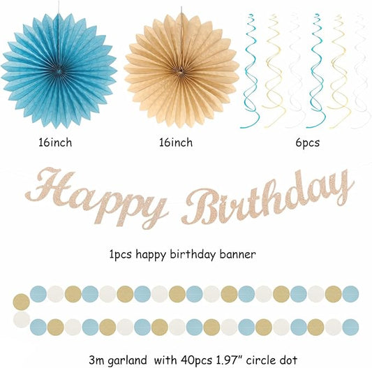 Light-Dusty Blue Beige-Champagne Women Birthday-Decorations - 21pcs Boho Neutral Happy Banner Garland,Paper Streamers Lanterns,Flower Tissue Pom Poms Fan Supplies,Wall Backdrop Party Decor Huglony