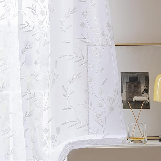 Sheer Curtains Floral Embroidery White 84 Inch Long Rod Pocket Lace Drapes for Living room, Bedroom, 2 Panels, 52"x84", Semi Voile Pattern Outdoor Window Treatment Sets for Yard, Patio, Villa, Parlor.