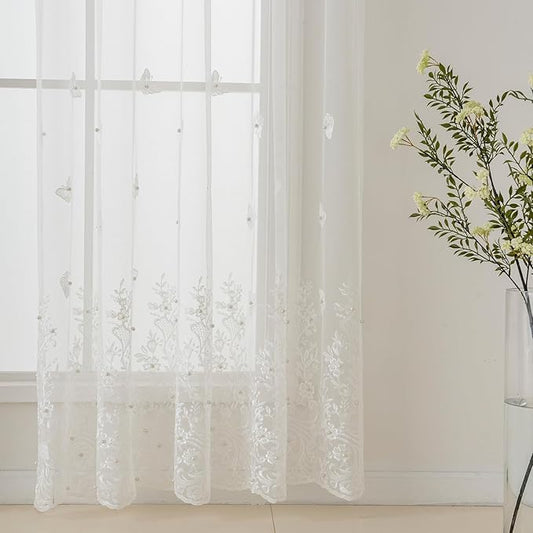 VISIONTEX White Sheer Voile Curtains, Decorative White Embossed Butterflies Rod Pocket Window Drapes for Home Kitchen, Living Room and Bedroom 54 x 95 Inch, Set of 2 Curtain Panels