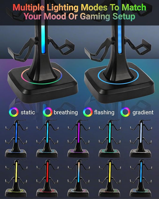 Controller Stand with RGB Multi-Color Light Modes - Headset Holder for PS5, Xbox, Switch - Gaming Room Decor, Desk Organizer for Gamers