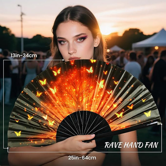 SYNTECSO Folding Hand Fan for Rave, Popping Fan for Line Dancing, Drag Queen, Women and Men Gift,Chinese Japanese UV Glow Clack Fan for Parties, Music Festivals, EDM and Decoration