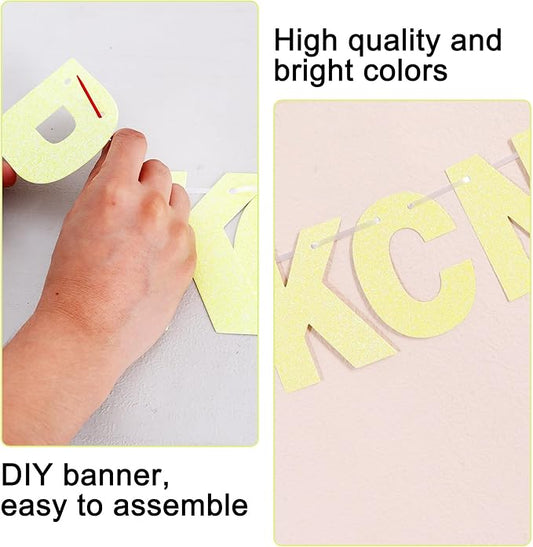 BEISHIDA 116 PCS Glitter Color Yellow DIY Letter Banner Kit Make Your Own Banner,Including 111 Letters and Numbers 3 Rope and 8 Threading Device,Customized for Birthday Graduation Wedding Party Decor