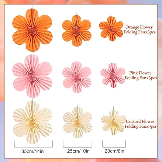 SUNBEAUTY Paper Flowers Decorations for Wall Paper Fans Classroom Decoration Paper Floral Backdrop Decor Paper Fans Decoration Hanging Paper Fans Orange Flower Wall Decor,Set of 9