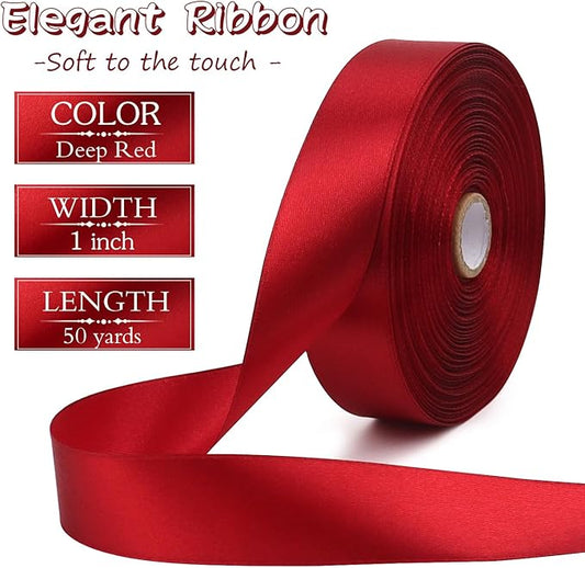 Deep red Solid Satin Ribbon 1 Inch 50 Yards Solid Polyester Fabric Ribbon for Gift Wrapping Wedding Christmas Baby Shower Birthday Party Decoration Handmade Immortal Flower Craft