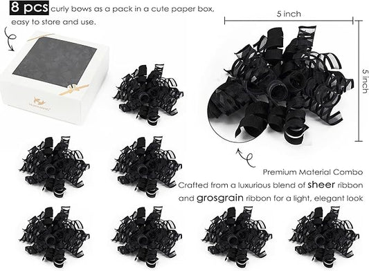 HUIHUANG Black Bows for Gift Wrapping Curly Gift Bow 5 inch x 8 Counts Self-Adhesive Ribbon Bows for Presents, Paper Bag, Party Favors, Wrapping Accessories, Holiday Wedding Decoration