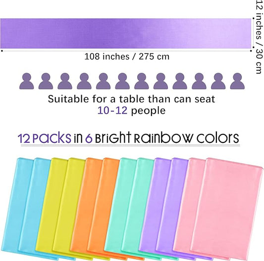 Aneco 12 Pack Satin Table Runner 12 x 108 Inch Pastel Rainbow Long Wedding Satin Silk Table Runner for Wedding Banquet Graduations Birthday Party Decoration