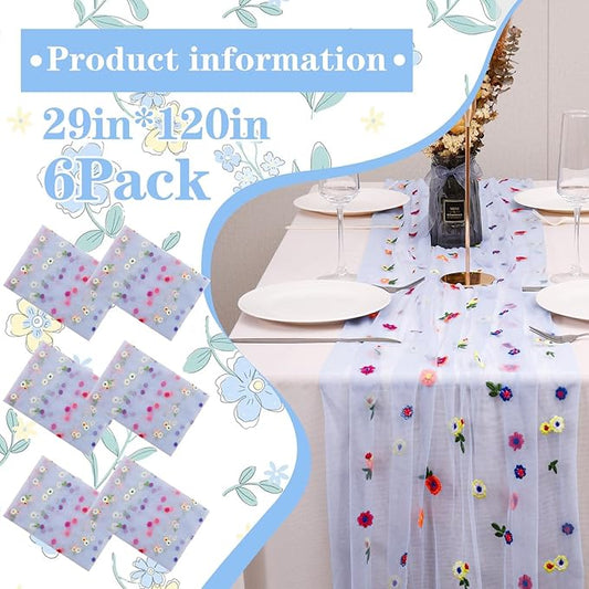 6PCS Blue Floral Table Runner 10 FT, Embroidery Daisy Table Runners Seasonal Sheer Tulle Table Runner for Thanksgiving Wedding Birthday Baby Shower Party 