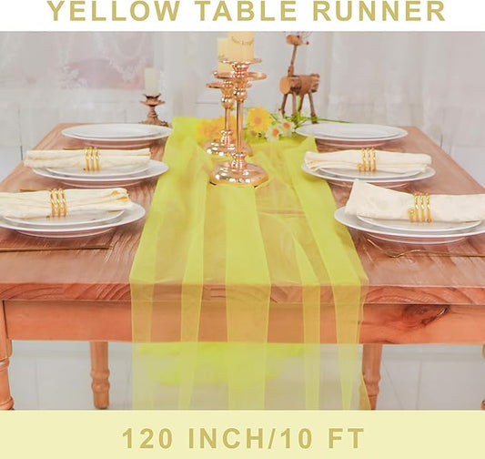Snowkingdom Fall Yellow Table Runner, 10FT Light Yellow Tulle Gauze Sheer Cheesecloth Thanksgiving Dining Table Decorations, Boho Rustic Tulle Runners for Wedding Baby Shower Party Decor 120 Inch