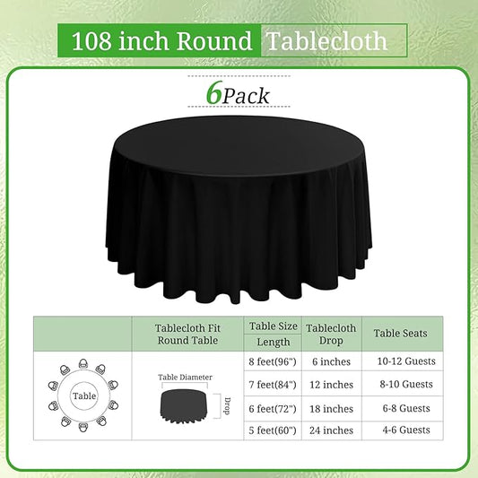 6 Pack Round Tablecloths - 108 Inch, Black Polyester Table Cover for Round Table, Stain and Wrinkle Resistant Washable Fabric Table Cloth, Polyester Tablecloth for Wedding Banquet Parties