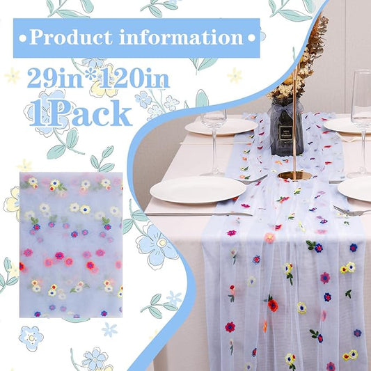 Blue Floral Table Runner 10 FT, Embroidery Daisy Table Runners Seasonal Sheer Tulle Table Runner for Thanksgiving Wedding Birthday Baby Shower Party 