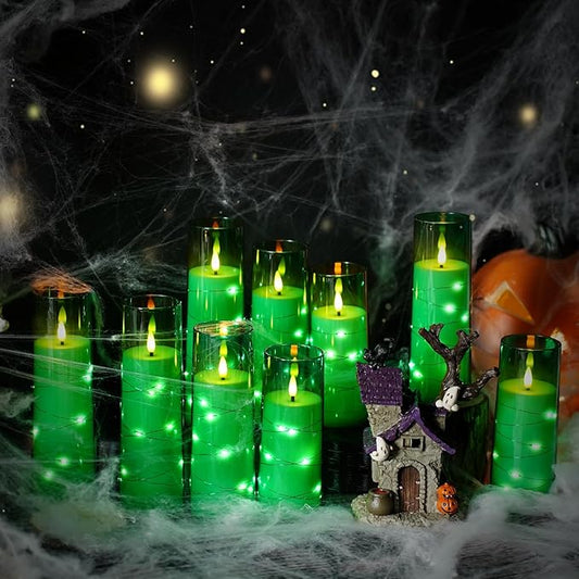 Flameless LED Candles with Timer 9 Pc Flickering Flameless Candles for Romantic Ambiance and Home Decoration Stable Acrylic Shell,with Embedded Star String,Battery Operated Candles(Green)