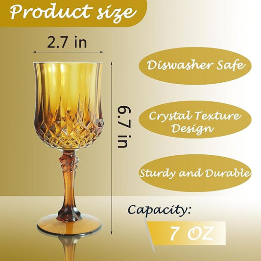 Plastic Wine Glasses,Plastic Goblets Vintage Style Cordial Drinking Glasses for Wedding Reception, Grand Event Party Supplies (24, Amber)