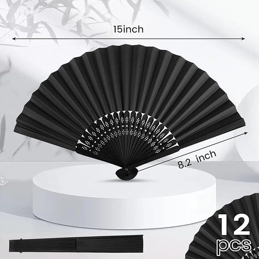 JOHOUSE 12 Packs 8.2 Inch Black Chinese Paper Foldable Hand Fan for Women - Wedding, Bridal Shower, Outdoor Party Favors, DIY Home Decor