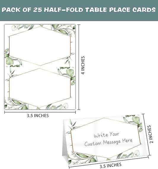 Gold Foil Greenery Table Place Card, 25 Pcs Tent Style Cards Set with Green Eucalyptus, Editable Name Cards for Table Seating, Food Lables for Birthday Party, Baby Shower, Wedding, Bridal Shower(12)