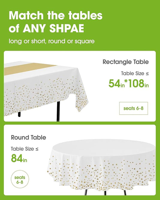 Pureegg Plastic Table Cloth Disposable 10 Pack, 54 x 108 Inch, Table Runner Style, Graduation Decorations 2025, Party Tablecloths, Rectangle, Plastic Cover, Leakproof & Sturdy, White Gold