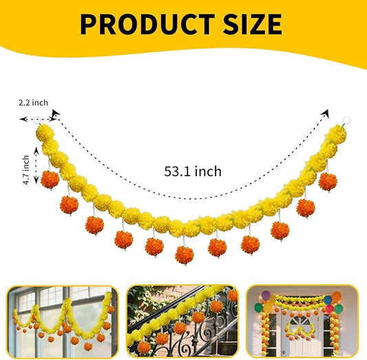 5 Pcs Marigold Garland Diwali Decor Artificial Flowers, 4.5 Feet Artificial Marigold Flowers for Indian Pooja Diwali Home Mantle Decor Wedding Decoration for All Year Decoration (Yellow&Orange)