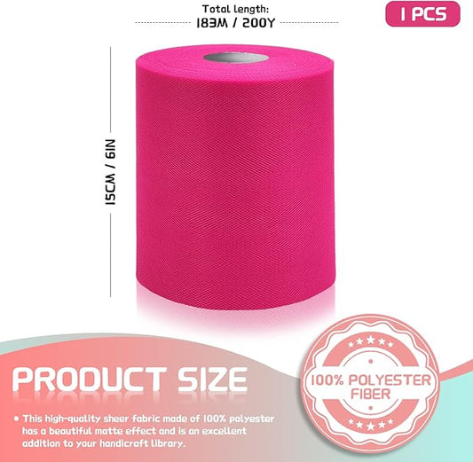 6" x 200 Yards Fuchsia Tulle Fabric Rolls, Hot Pink Spool Tulle Ribbon for DIY Tutu Skirt Wedding Decoration Baby Shower Birthday Party Backdrop Gift Wrapping Bow Craft Supplies