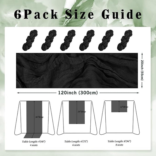 10FT 6 Pack Black Cheesecloth Table Runner 20 x 120 Inch Long Boho Fabric Rustic Cheese Cloth Table Runner for Wedding Bridal Shower Baby Shower Gauze Sheer Birthday Party Table Decorations
