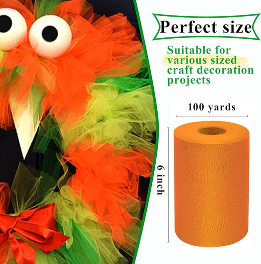 Orange Tulle Fabric Rolls 6 Inch by 100 Yards (300 feet) Fabric Spool Tulle Ribbon for DIY Orange Halloween Tutu Bow Baby Shower Birthday Party Wedding Decorations Christmas Craft Supplies
